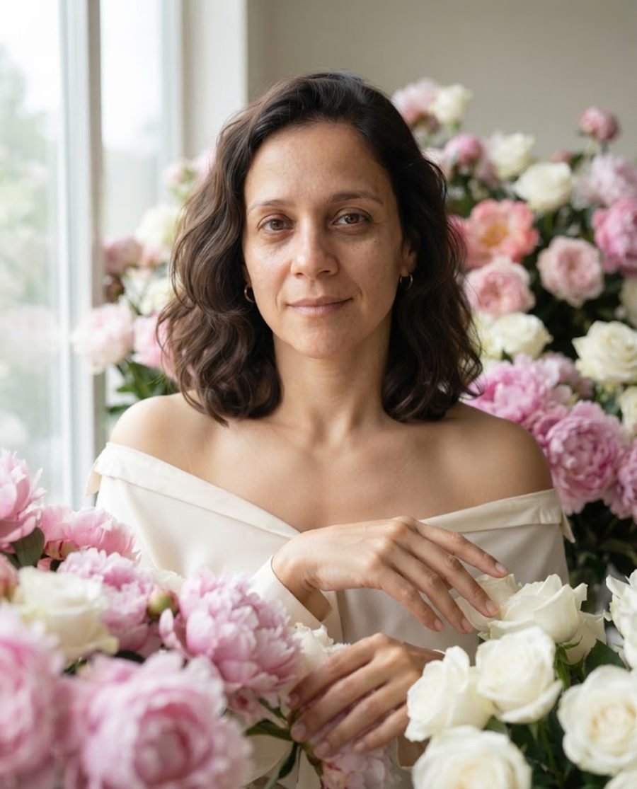 La misma mujer en una sesión de fotos con flores